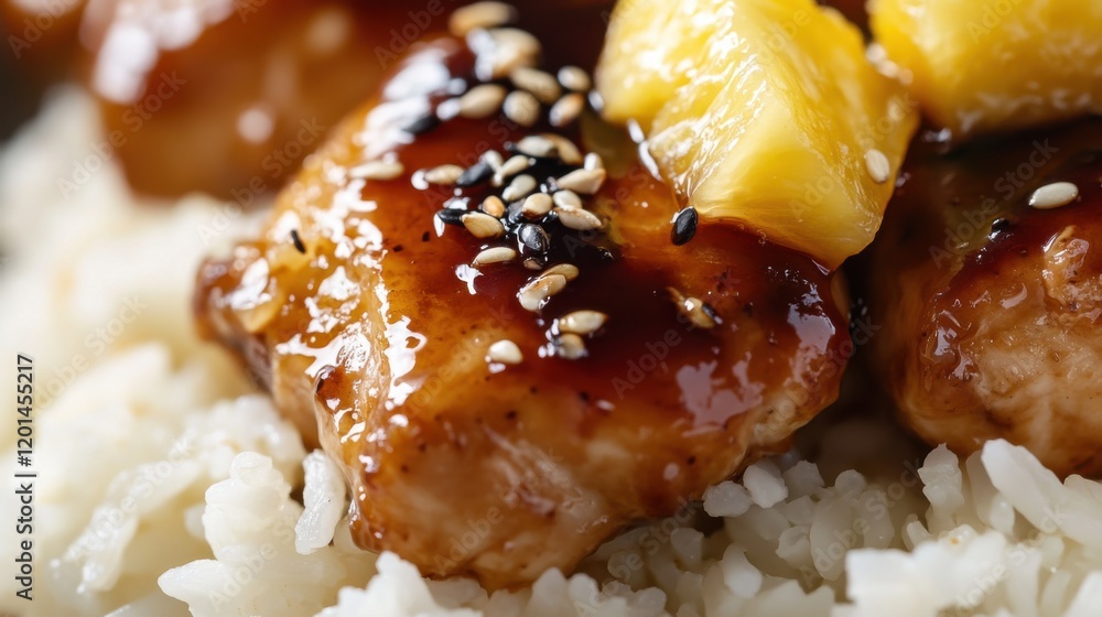 Close-up of rice with tangy Hawaiian teriyaki chicken. Featuring chicken in teriyaki sauce with pineapple, served over rice. Emphasizing a flavorful, savory dish. Ideal for Hawaiian recipes. Close-up of rice with tangy Hawaiian teriyaki chicken. Featuring chicken in teriyaki sauce with pineapple, served over rice. Emphasizing a flavorful, savory dish. Ideal for Hawaiian recipes.