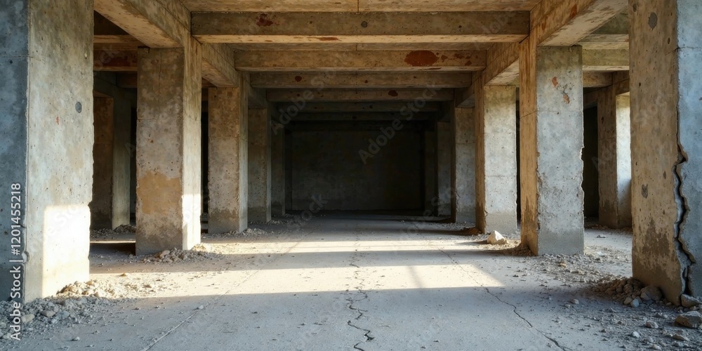 Sunlit Interior of a Derelict Concrete Structure Showing Aged Pillars and a Cracked Floor Sunlit Interior of a Derelict Concrete Structure Showing Aged Pillars and a Cracked Floor