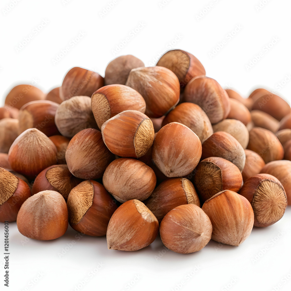 A pile of fresh hazelnuts, showcasing their brown, textured shells, isolated on a white background A pile of fresh hazelnuts, showcasing their brown, textured shells, isolated on a white background