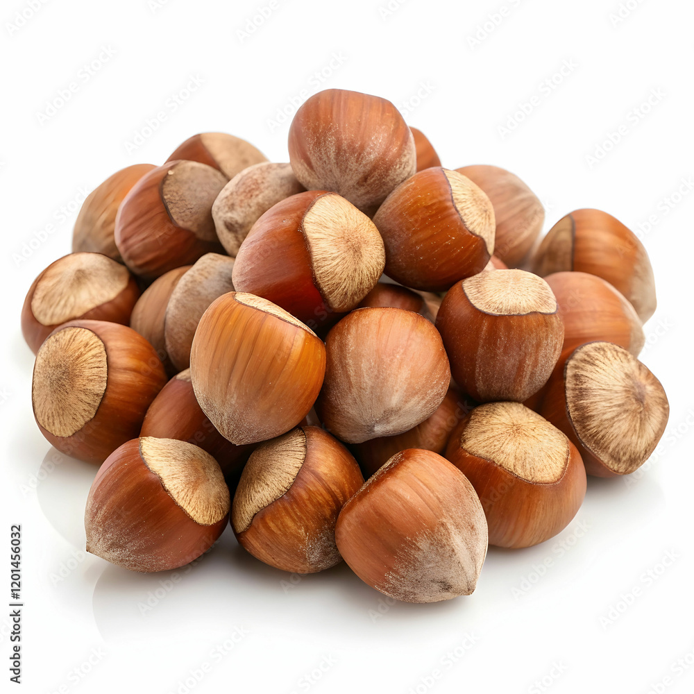 A pile of fresh hazelnuts, showcasing their brown, textured shells, isolated on a white background A pile of fresh hazelnuts, showcasing their brown, textured shells, isolated on a white background