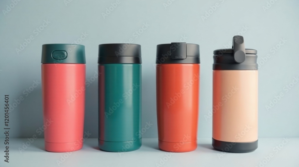 A Row of Four Colorful Insulated Beverage Containers with Various Lids, Ideal for Keeping Drinks Hot or Cold for Extended Periods A Row of Four Colorful Insulated Beverage Containers with Various Lids, Ideal for Keeping Drinks Hot or Cold for Extended Periods