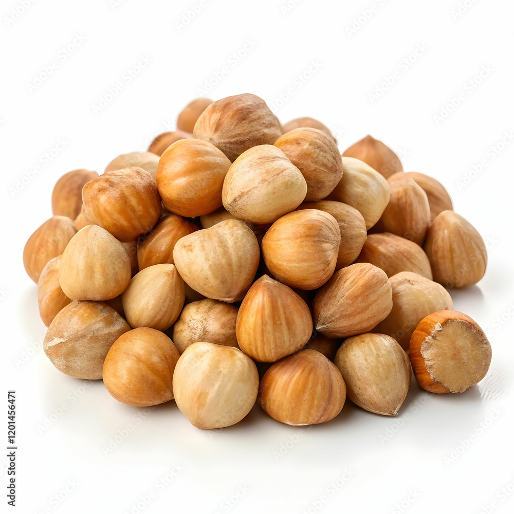 A pile of fresh hazelnuts, showcasing their brown, textured shells, isolated on a white background A pile of fresh hazelnuts, showcasing their brown, textured shells, isolated on a white background