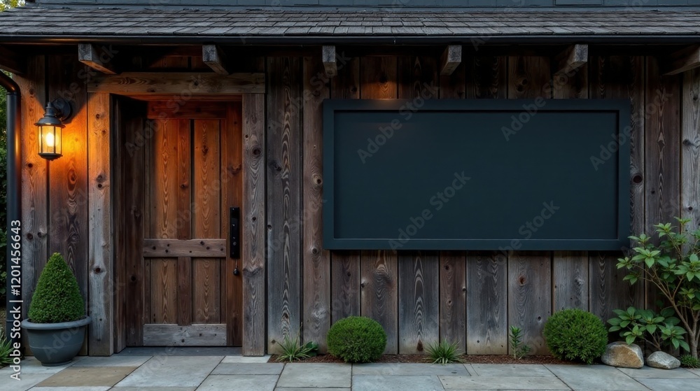 Rustic Wooden Building Exterior Featuring a Blank Sign and a Warmly Lit Doorway Rustic Wooden Building Exterior Featuring a Blank Sign and a Warmly Lit Doorway