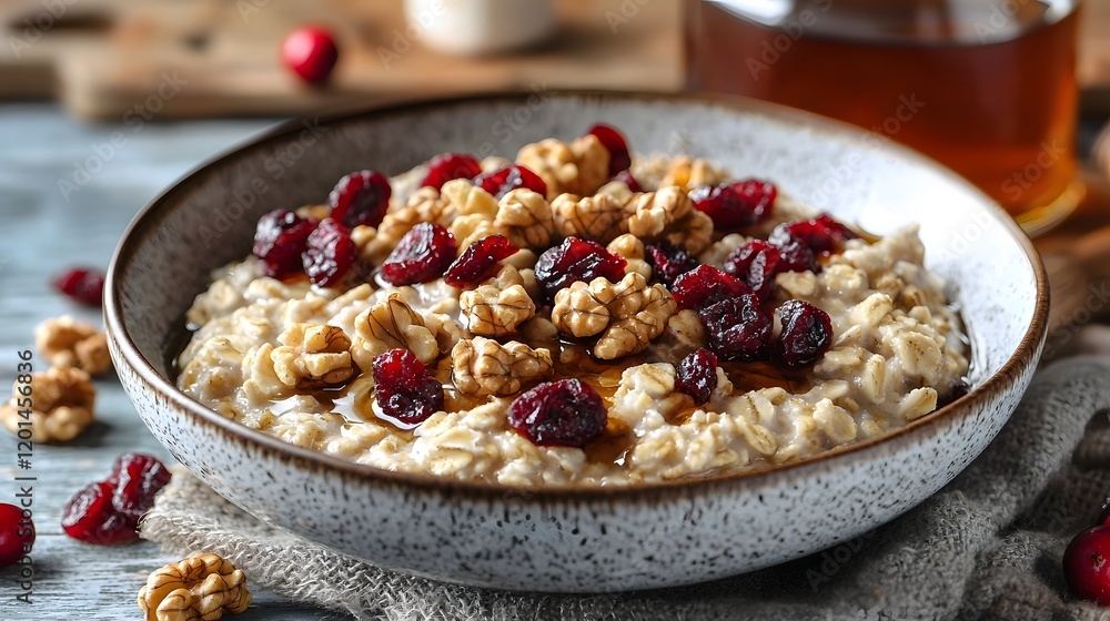 Hearty Oatmeal Breakfast with Walnuts,Cranberries,and Maple Syrup in a Cozy Scandinavian-Style Kitchen Hearty Oatmeal Breakfast with Walnuts,Cranberries,and Maple Syrup in a Cozy Scandinavian-Style Kitchen