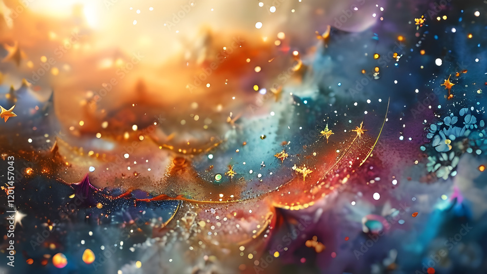 Colorful cosmic abstract with starry patterns and swirling colors in a dreamlike scene Colorful cosmic abstract with starry patterns and swirling colors in a dreamlike scene
