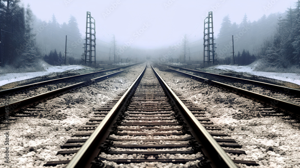 Fototapeta premium Winter Railroad Tracks in Foggy Landscape