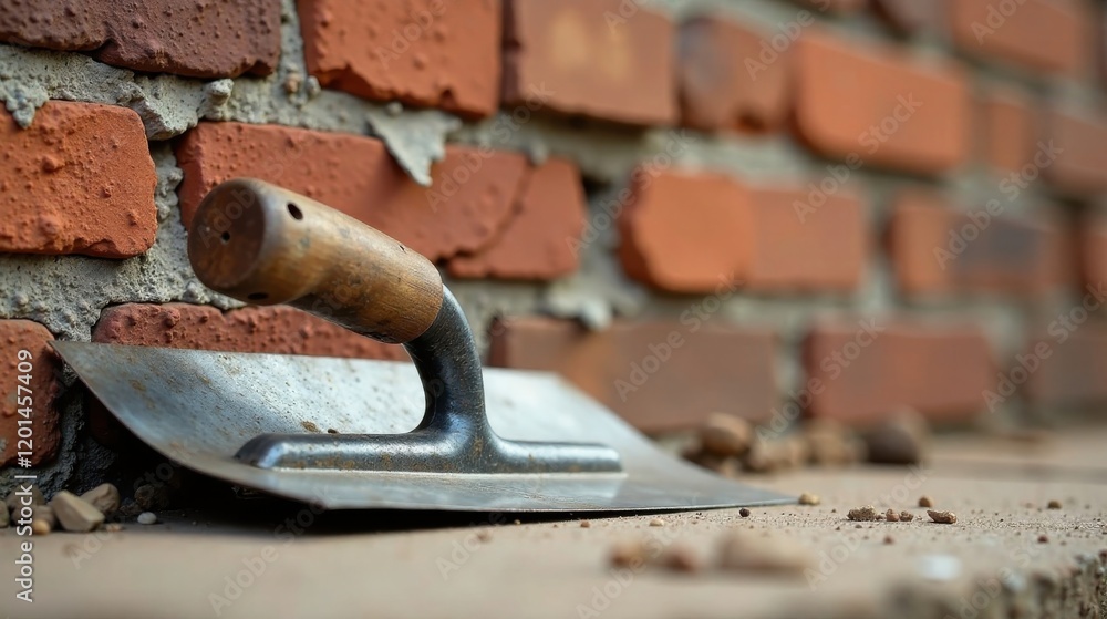A weathered trowel rests against a newly constructed brick wall, remnants of mortar and brick dust scattered nearby, a testament to recent construction work. A weathered trowel rests against a newly constructed brick wall, remnants of mortar and brick dust scattered nearby, a testament to recent construction work.