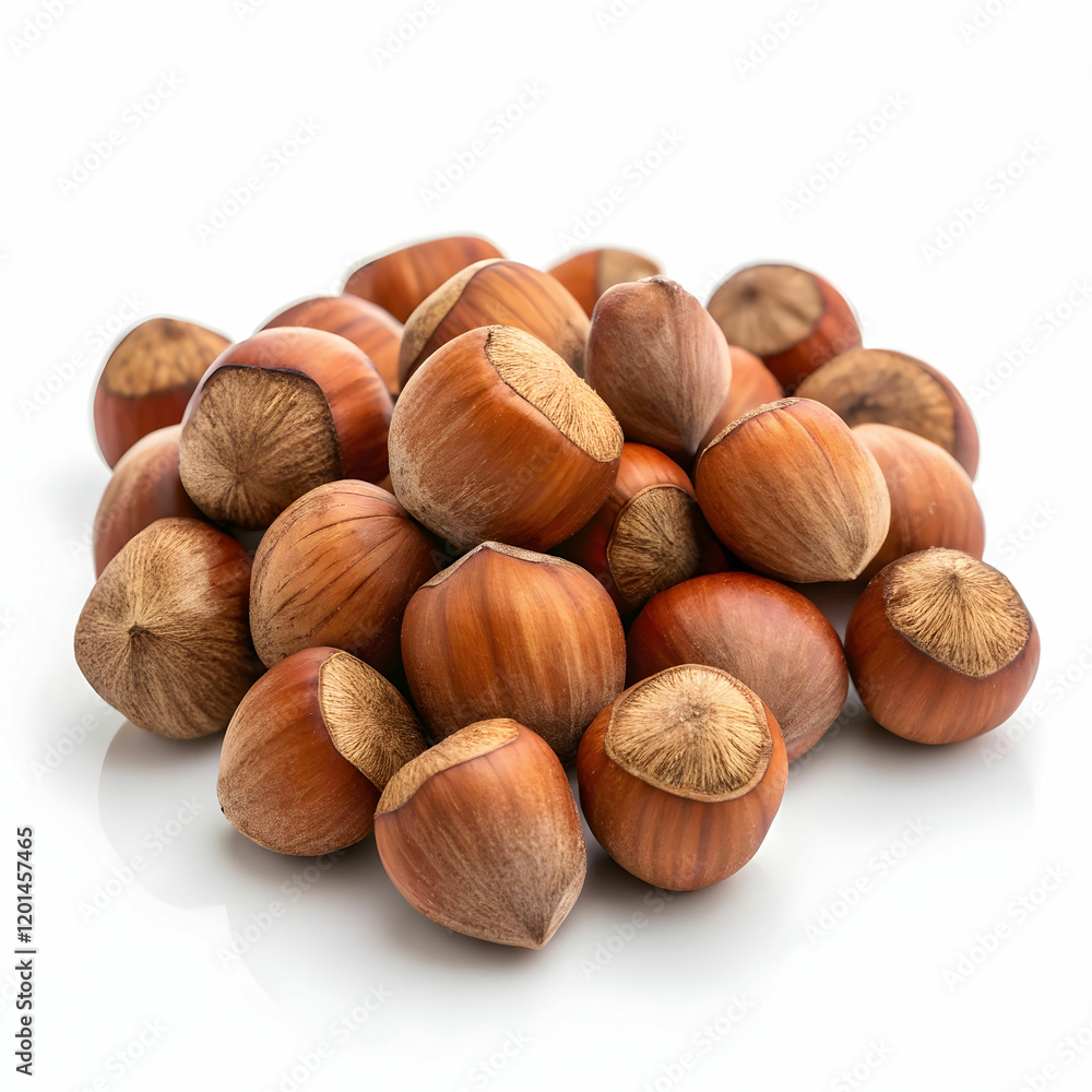A pile of fresh hazelnuts, showcasing their brown, textured shells, isolated on a white background A pile of fresh hazelnuts, showcasing their brown, textured shells, isolated on a white background