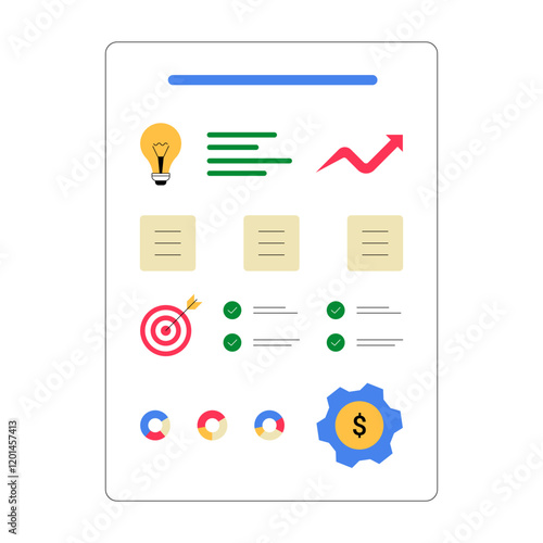 Business Report With Charts, Graphs, And Financial Symbols In Flat Vector Illustration Symbolizing Analytics, Goals, And Achievements, Isolated On White Background.