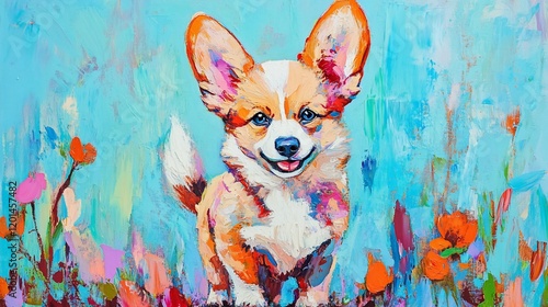 Colorful painting of a happy corgi puppy in a field of flowers.