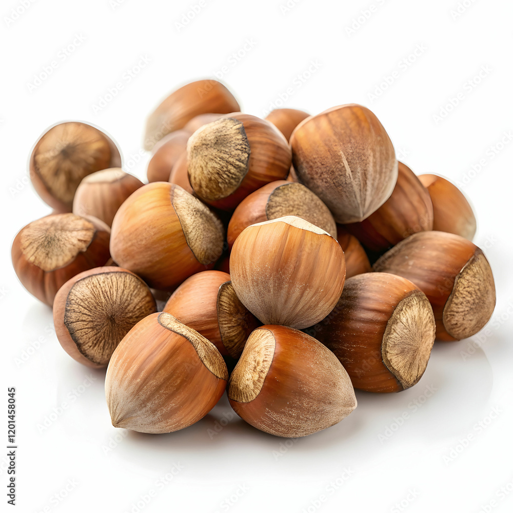 A pile of fresh hazelnuts, showcasing their brown, textured shells, isolated on a white background A pile of fresh hazelnuts, showcasing their brown, textured shells, isolated on a white background