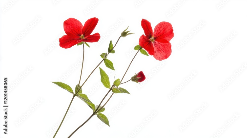 Delicate Red Flowers with Bright Petals and Green Leaves on a Pure White Background for Natural Beauty and Floral Design Concepts Delicate Red Flowers with Bright Petals and Green Leaves on a Pure White Background for Natural Beauty and Floral Design Concepts