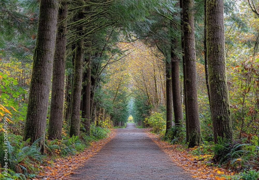 Autumnal path through a forest of tall trees with fallen leaves. Autumnal path through a forest of tall trees with fallen leaves.