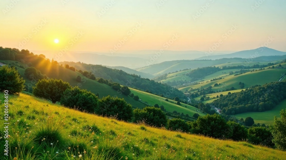 Golden Hour Serenity Rolling Green Hills Bathed in Sunset's Warm Embrace Golden Hour Serenity Rolling Green Hills Bathed in Sunset's Warm Embrace