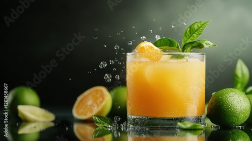 This stunning image captures a fizzy orange drink garnished with fresh herbs and citrus slices, showcasing a delightful combination of taste and freshness. photo