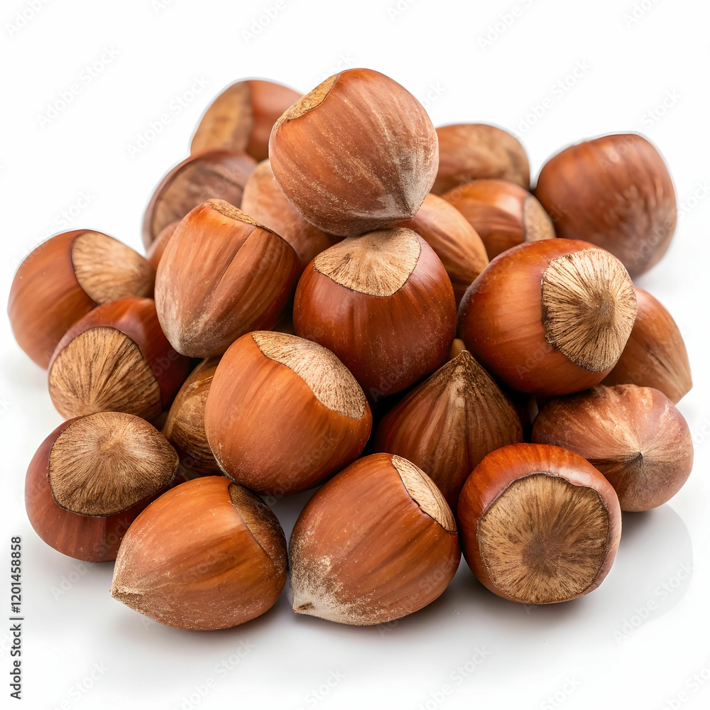 A pile of fresh hazelnuts, showcasing their brown, textured shells, isolated on a white background A pile of fresh hazelnuts, showcasing their brown, textured shells, isolated on a white background