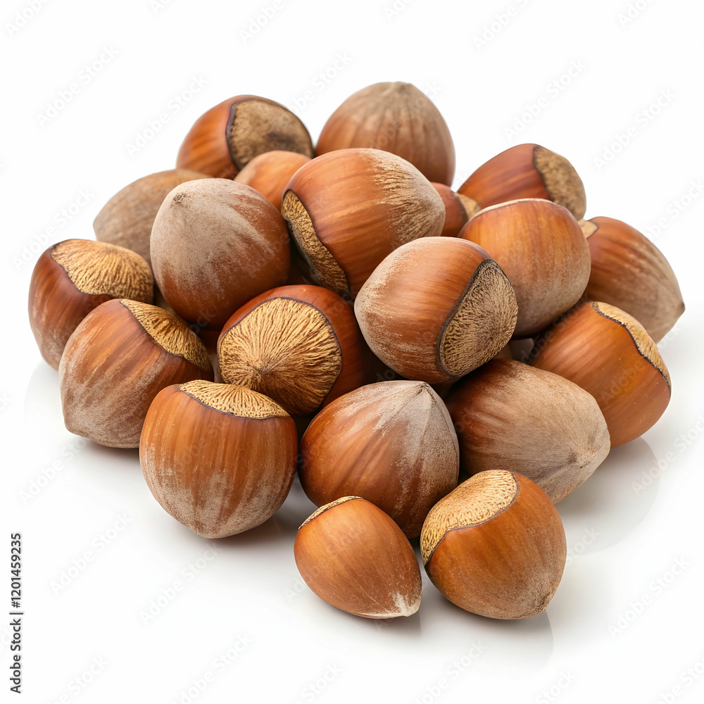 A pile of fresh hazelnuts, showcasing their brown, textured shells, isolated on a white background A pile of fresh hazelnuts, showcasing their brown, textured shells, isolated on a white background