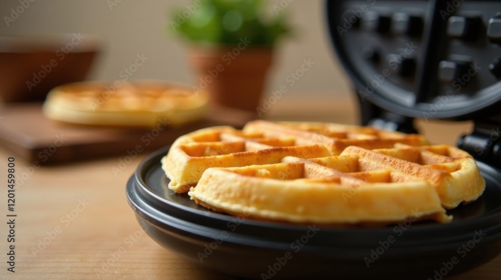 Golden-brown waffle freshly made on a waffle iron, delicious breakfast treat, perfect for a cozy morning Golden-brown waffle freshly made on a waffle iron, delicious breakfast treat, perfect for a cozy morning