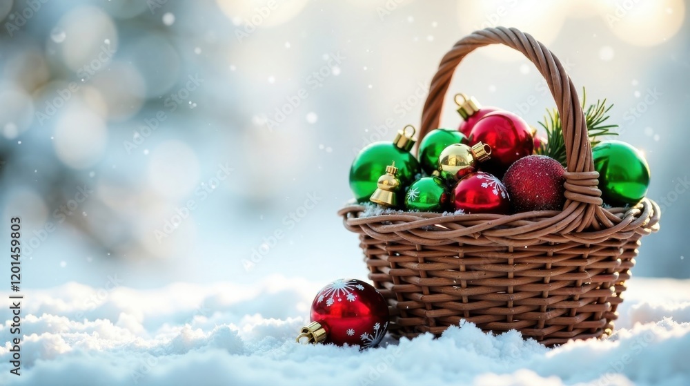 A Festive Wicker Basket Overflowing with Sparkling Red and Green Ornaments Rests on a Blanket of Fresh Snow, Creating a Magical Winter Wonderland Scene. A Festive Wicker Basket Overflowing with Sparkling Red and Green Ornaments Rests on a Blanket of Fresh Snow, Creating a Magical Winter Wonderland Scene.