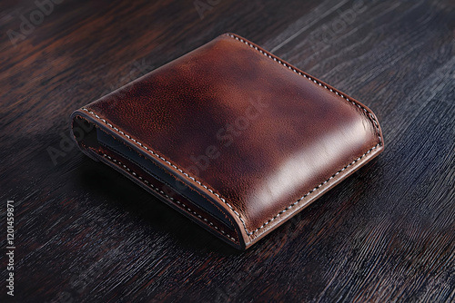 A leather wallet mockup on a dark wooden surface, ideal for high-end accessory branding. photo