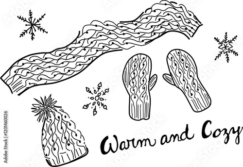 Hand-drawn knitted hats, gloves, and scarf vector doodles. Snowflakes on a white background. Warm and cozy winter comfort.