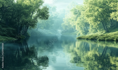 A tranquil river with a mirror-like water surface reflecting the surrounding landscape, calm, landscape, river