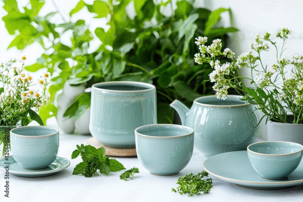 Elegant still life of pastel ceramics with fresh herbs and flowers on a table indoor environment promoting harmony and aesthetics Elegant still life of pastel ceramics with fresh herbs and flowers on a table indoor environment promoting harmony and aesthetics