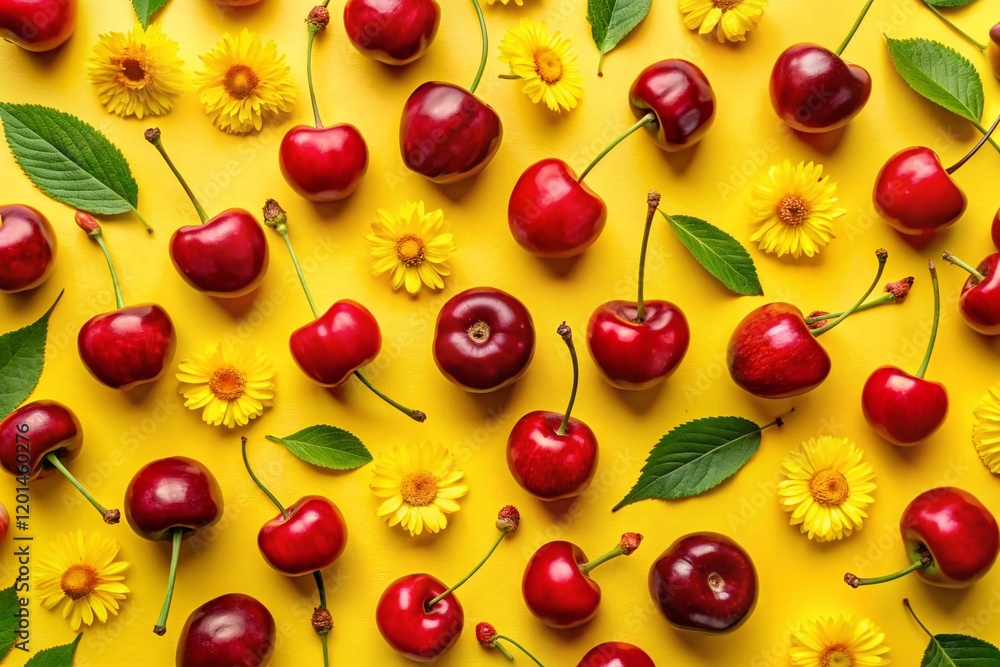 Ripe Cherries Summer Flat Lay: Yellow Background, Red Berries & Flowers Ripe Cherries Summer Flat Lay: Yellow Background, Red Berries & Flowers