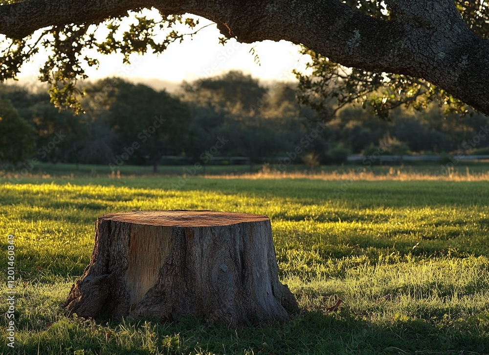 Tree stump in grassy field at sunrise, under large oak tree. Tree stump in grassy field at sunrise, under large oak tree.