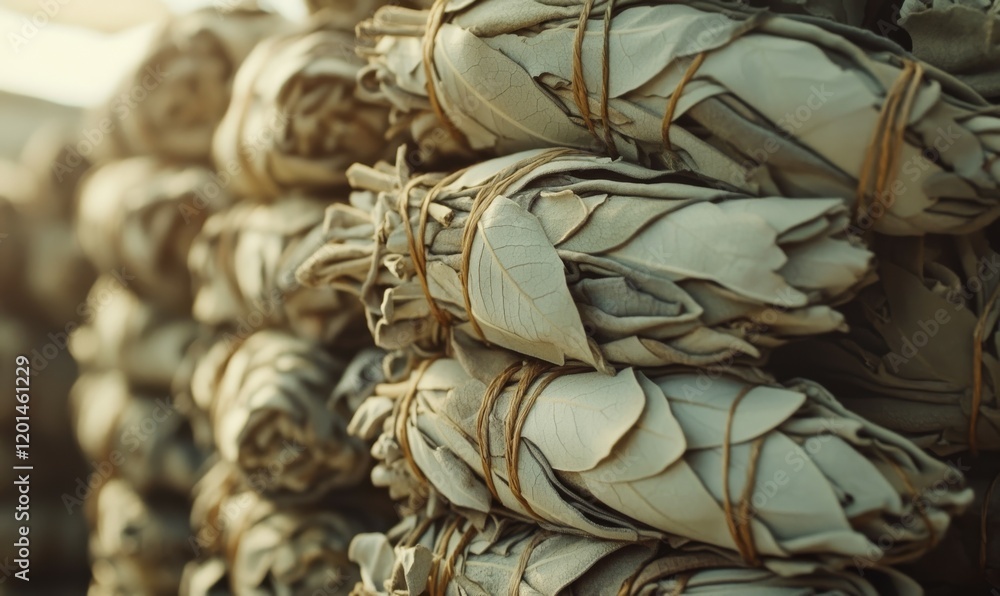 A stack of white sage bundles ready for purification ceremonies, smudging, intention setting, aromatic, metaphysical, herb A stack of white sage bundles ready for purification ceremonies, smudging, intention setting, aromatic, metaphysical, herb