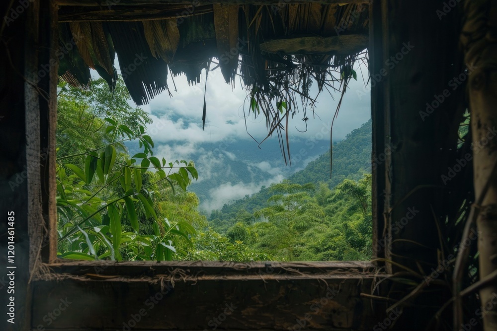 View of a vibrant green jungle landscape with low clouds through the dilapidated window frame of an abandoned hut View of a vibrant green jungle landscape with low clouds through the dilapidated window frame of an abandoned hut