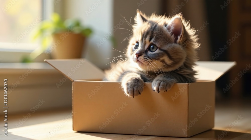 A fluffy kitten playfully peers out from a cardboard box, basking in the warm sunlight streaming through a nearby window.