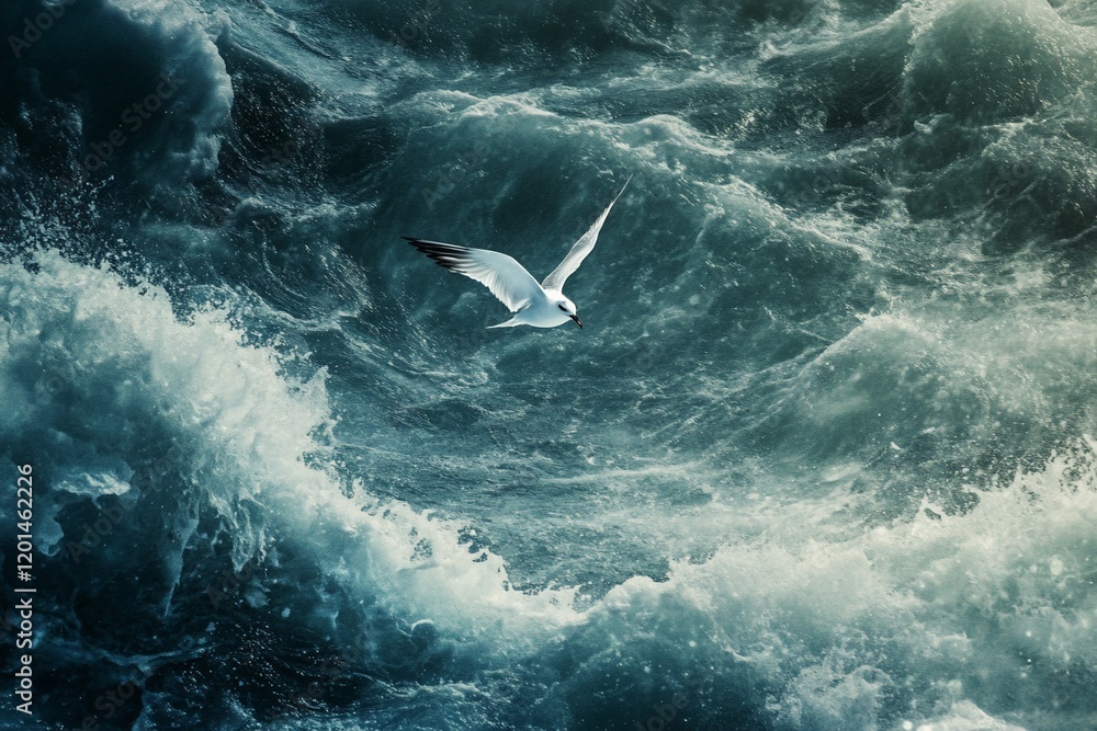 Obraz premium A lone seagull soars above a turbulent ocean, its wings cutting through the powerful waves.