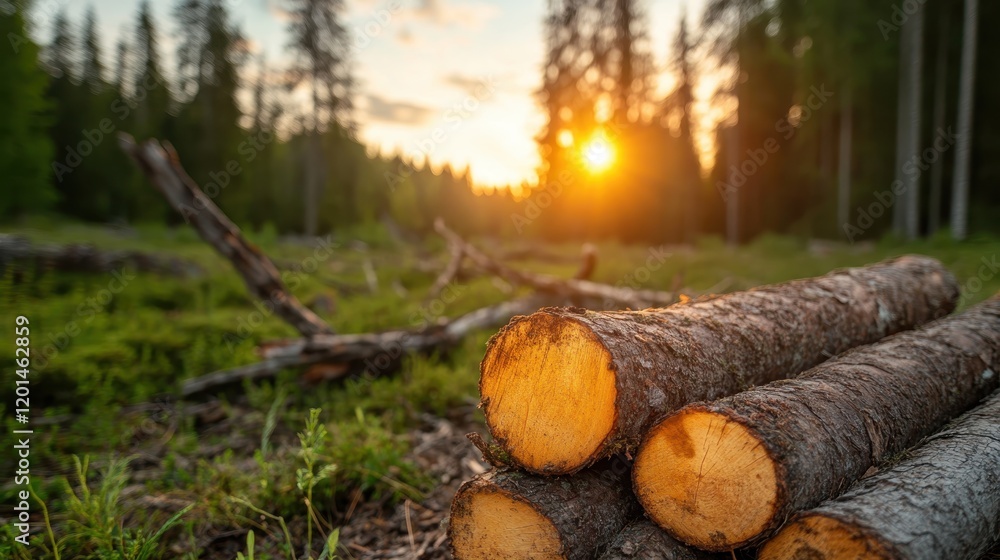 A tranquil forest image displaying neatly stacked wooden logs under the warm glow of sunlight, representing a harmonious connection between nature and rustic simplicity. A tranquil forest image displaying neatly stacked wooden logs under the warm glow of sunlight, representing a harmonious connection between nature and rustic simplicity.