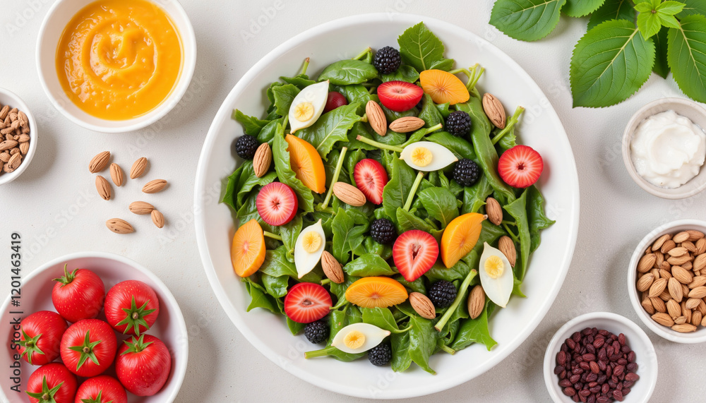 Colorful salad with fruits, nuts, and greens on a white table Colorful salad with fruits, nuts, and greens on a white table