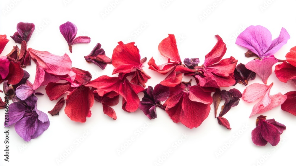 Vibrant Collection of Colorful Flower Petals in Various Shades of Red and Purple on a Clean White Background for Nature and Decoration Themes Vibrant Collection of Colorful Flower Petals in Various Shades of Red and Purple on a Clean White Background for Nature and Decoration Themes