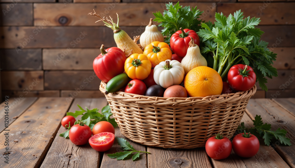 Fresh vegetables in wicker basket on wooden table Fresh vegetables in wicker basket on wooden table