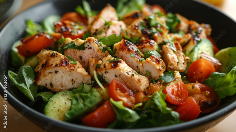 Grilled chicken salad with fresh vegetables and vibrant colors served in a rustic bowl Grilled chicken salad with fresh vegetables and vibrant colors served in a rustic bowl