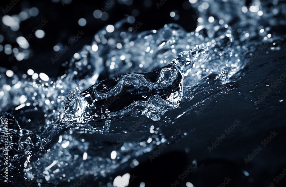 Close-up of splashing water, dark blue tones, abstract texture. Close-up of splashing water, dark blue tones, abstract texture.
