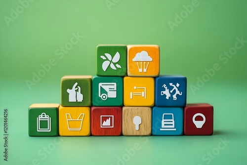 Sustainable Business Strategy Colorful Wooden Blocks Green Energy Eco Friendly Innovation Technology Modern Design Environmental Concept Graphic Resources       photo