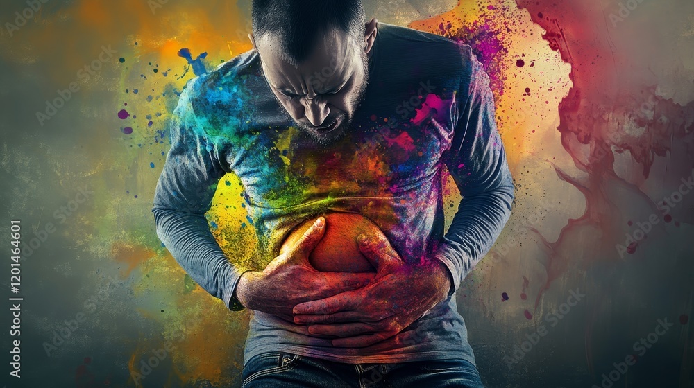 Fototapeta premium Man Experiencing Intense Abdominal Pain, Colorful Abstract Background