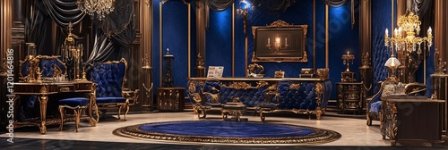 Luxurious blue and gold office interior with ornate furniture, chandelier, and blue rug.