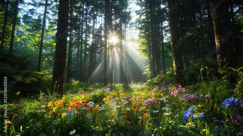 Enchanting woodland scene with colorful wildflowers in lush forest captured under soft dappled sunlight nature photography tranquil environment serene viewpoint Enchanting woodland scene with colorful wildflowers in lush forest captured under soft dappled sunlight nature photography tranquil environment serene viewpoint