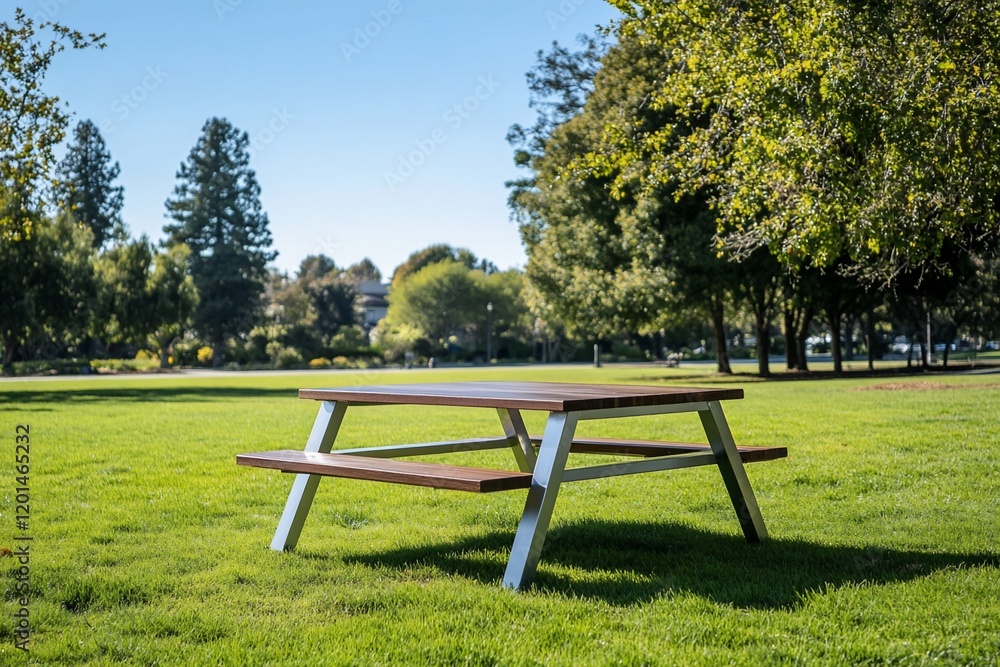 Modern picnic table on green lawn in park.