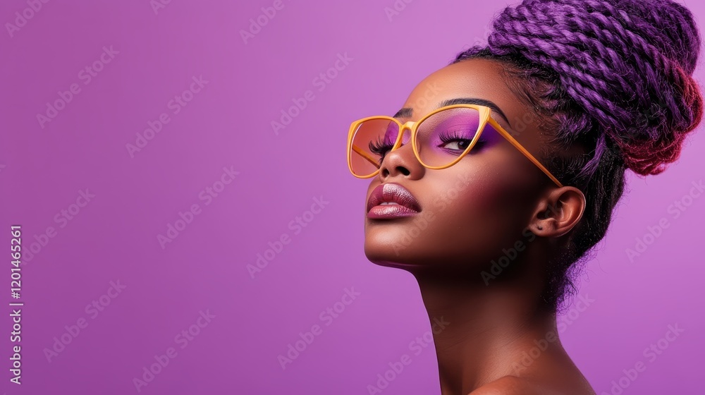 A chic model poses with colorful sunglasses and striking makeup against a purple background, blending modern fashion trends with artistic expression and personality. A chic model poses with colorful sunglasses and striking makeup against a purple background, blending modern fashion trends with artistic expression and personality.