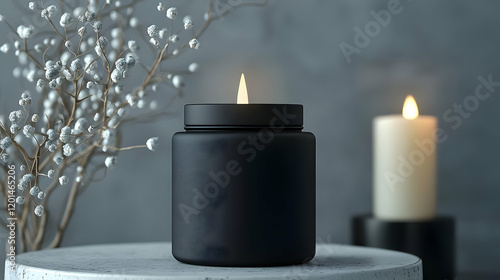 A luxury candle mockup in an elegant matte black jar, designed to showcase minimalist luxury for home decor products. photo