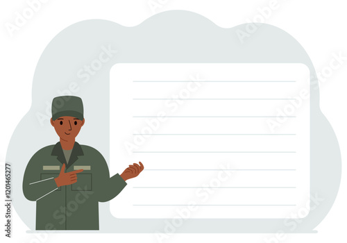 Male soldier in uniform next to a large white banner for your text.