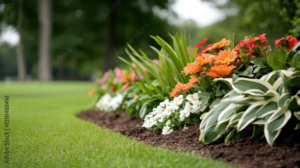 Gardeners creating vibrant flower borders in a lush landscape Gardeners creating vibrant flower borders in a lush landscape