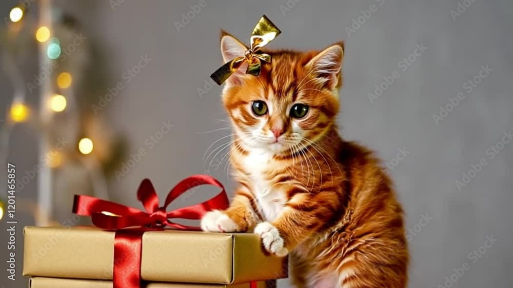 Adorable ginger kitten with a shiny gold bow perched on festive gift boxes, surrounded by warm Christmas lights, captured in stunning 4K detail for a heartwarming holiday scene. Adorable ginger kitten with a shiny gold bow perched on festive gift boxes, surrounded by warm Christmas lights, captured in stunning 4K detail for a heartwarming holiday scene.