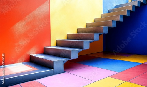 Brightly colored floor tiles extending under a staircase, Understair space, Tiles, Bright colors, Depth perception, Staircase photo